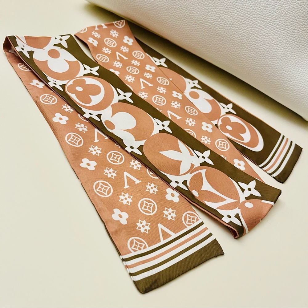 Big Twilly: Luxe Silk Twilly Scarf - Brown & Cream Monogram Print - Picture 4 of 9